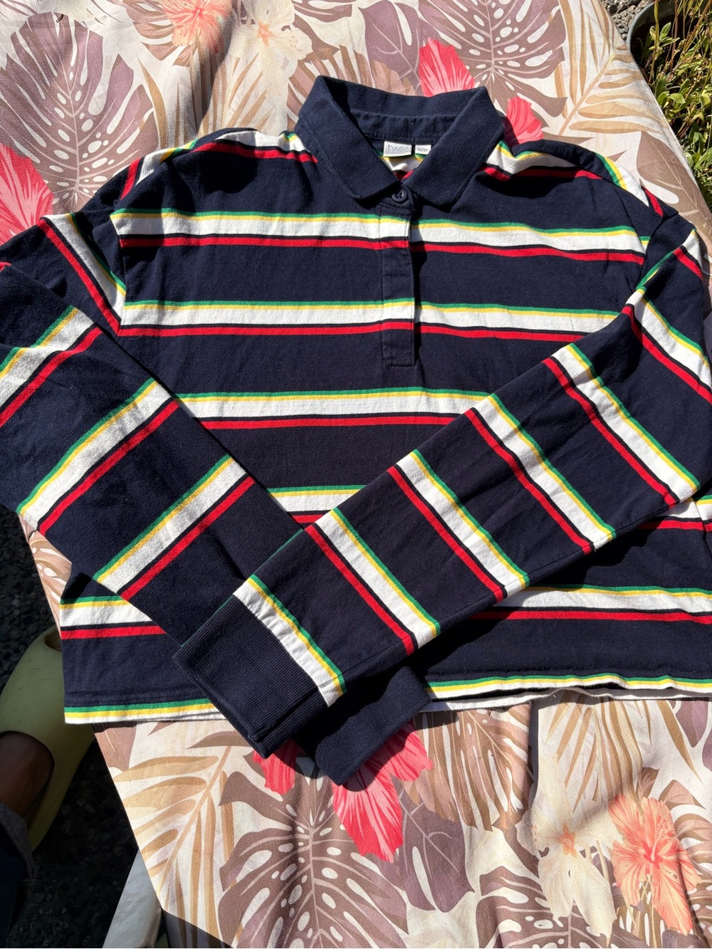 Twik Navy Stripe Long-Sleeve Cropped Polo Shirt